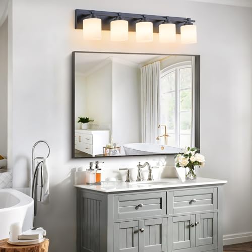 Modern Bathroom Light Fixtures Over Mirror, Vanity Lights for Bathroom Wall Sconces with Milky White Glass Shades, E26 Socket (Bulbs Not Included), 5 Light, Black - color: Black, size: 34.64 inch-5-Light