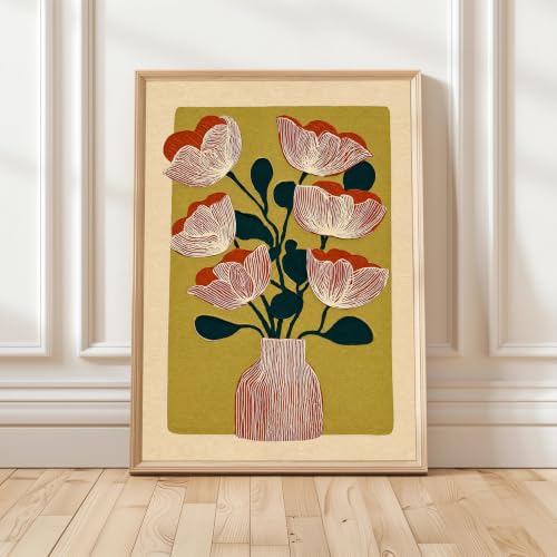 Abstract Floral Wall Art Red Stripes Vase Wall Art 16x24 inch Unframed - color: Red flower, size: 16L" x 24W"