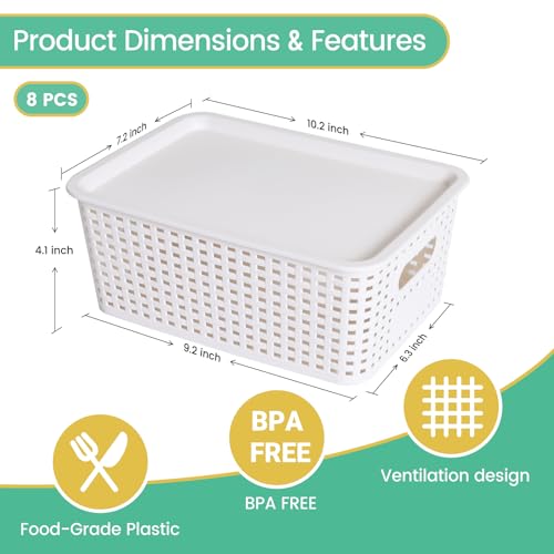 Ohmlove 8 Pack Plastic Storage Baskets with Lids for Organization - color: White