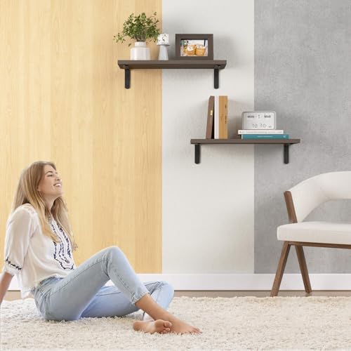 RICHER HOUSE Rustic Wood Floating Shelves, 2-Set Wall Mounted Shelves, 16In - color: Deep Brown