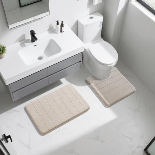 Yimobra Memory Foam Bathroom Mat Set, 31.5 x 20 & 24 x 20 in, Beige - color: Beige, size: 31.5x20+24x20 Inch