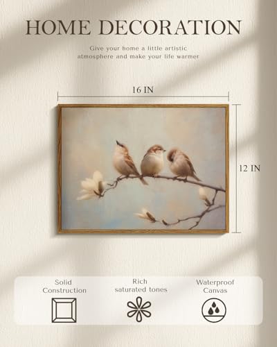WHASAYART Rustic Framed Autumn Bird Flower Canvas Wall Art 12x16 Inch - color: Three Morning Birds, size: 16"L x 12"W