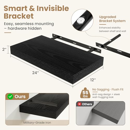 24 Inch Long Floating Shelves for Wall Set of 1, 12"D Wood Grain Shelves - color: Black, size: 24"Wx12"Dx2"H, 1P