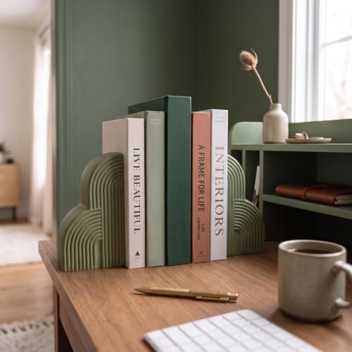 Sage Green 2 Pcs Boho Arch Concrete Bookends for Shelves, Clouds - color: Sage Green, style: Clouds