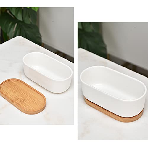 White Ceramic Succulent Plant Pots, Indoor and Outdoor Succulent Planters, Set of 2 Small Cactus Containers, Bonsai Pots, Flower Pots with Drainage Hole and Bamboo Bowl (No Plant) - color: Oval-shaped