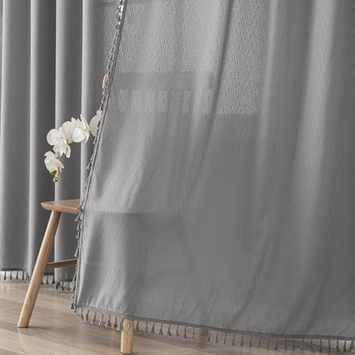 Farmhouse Curtains Tassel Fringe Geometric Design Boho Curtains 63 Inch Length 2 Panels Set, W40 x L63, Grey - color: Wave Grey, size: 40"W x 63"L (Pack of 2)
