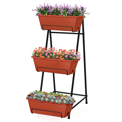 Vertical Raised Garden Bed Outdoor 3 Tiered Garden Planters Standing Elevated Planter Box with Drainage Holes for Plants Herbs Flowers Vegetables Brick Red - color: Brick Red