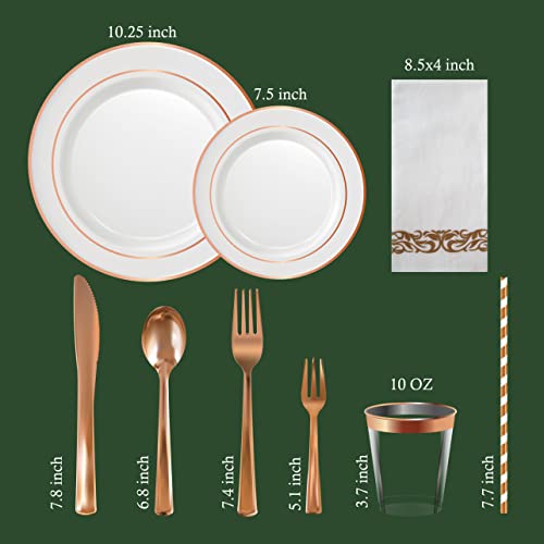 Neatiffy 225 Pcs Rose Gold Rim Plastic Dinnerware Set (25 Guests) | 25 x (Dinner Plate, Dessert Plate, Plastic Silverware, Cup, Napkin, Straw) | For Wedding, Luxurious Party, Special Event - color: Rose Gold