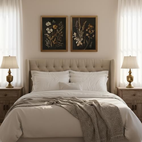 Botanical Wall Art Set of 2 Framed Canvas 12x16, Vintage Dark Floral Plant Prints with Solid Wood Frame, Moody Farmhouse Wall Decor for Bedroom Living Room Bathroom - color: heihua, size: 16"L x 12"W