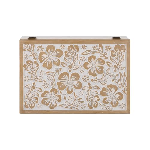 Wooden Keepsake Box - Decorative Floral Wood Boxes with Hinged Lid, Flower Engraved Design, 10.24" W