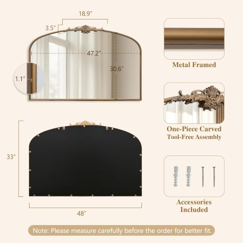Besdomus Vintage Arch Gold Mirror: 48"x33" Oversize Brass Decorative Mirror - color: Brass Gold, size: 33"L x 48"W