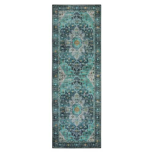 Moynesa Ultra-Thin Washable Teal Non Slip Bathroom Rug - 2x6 Laundry Room Mat, Machine Washable Non-Slip Pet Friendly Carpet Runner for Camper RV Foyer Kitchen Hallway - color: Teal, size: 2' x 6'