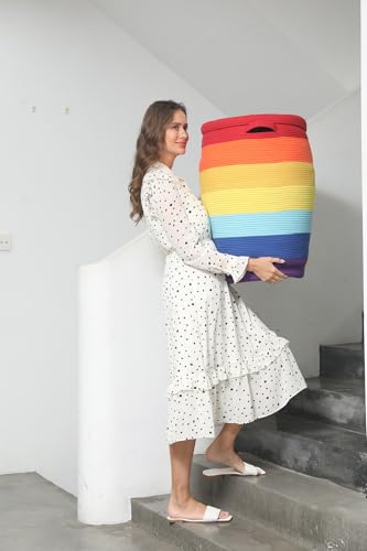 26"x20" Cottonphant Extra Large Tall Woven Laundry Basket with Lid, Cotton Rope Blanket Storage Basket, Freestanding Decorative Bin for Bedroom Living Room, Rainbow Multicolor - color: Rainbow