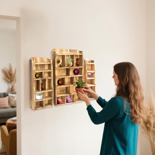 3 Pack Wood Shadow Box with 27 Compartment, 16" x 10" x 2.5" Rustic Cubby Display Shelf, Wall-Mounted Freestanding Floating Shelves, Decorative Collection Display for Figures, Curio