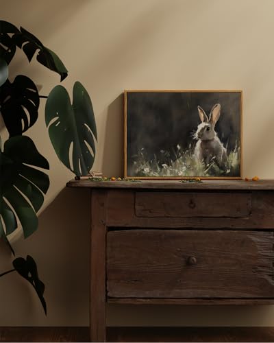 ARPEOTCY Vintage Framed Canvas Wall Art, Cute Bunny Wall Art for Living Room Bedroom, Rustic Moody Rabbit Spring Painting Pictures Home Decor for Easter Decoration (12x16 Inch) - color: Rabbit in the Grass, size: 16"L x 12"W