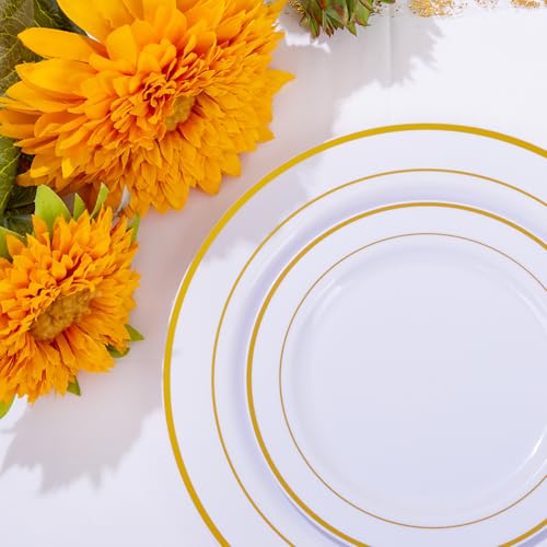 WELLIFE 700 Pieces Gold Plastic Dinnerware Set for 100 Guests - Includes Plates, Cups, Napkins, and Disposable Cutlery - Elegant White & Gold Design, Perfect for Parties and Events - color: Gold, style: 700PCS(100Guests)