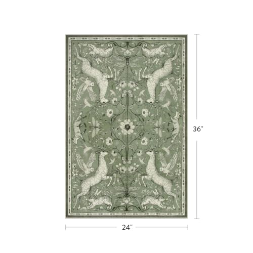 Lahome 2x3 Washable Area Rug for Bathroom, Woodland Deer Boho Animal Rug, Vintage Botanical Green Non-Slip Low Pile Small Carpet for Bedroom Kitchen Entryway Hallway Farmhouse Decor - color: Green, size: 2' x 3' (Rectangular)