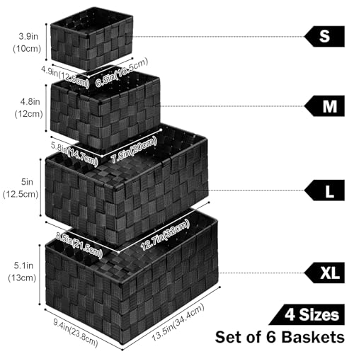 Storage Baskets: 6 Pack Stackable Woven Storage Bins, Black - color: Black, size: 6 pack