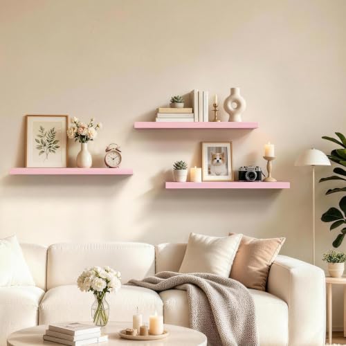 BAYKA Pink Floating Shelves 22.5in, Set of 3, Wall Mounted for Wall Decor - color: D. Pink - Romantic & Sweet Style, size: 22.5inches