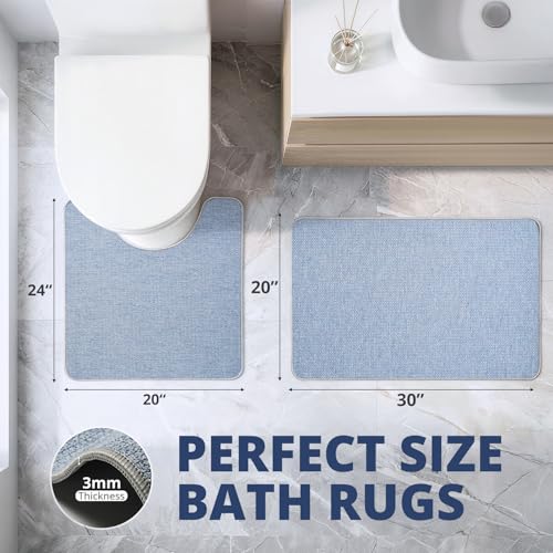 Bathroom Rugs Sets 2 Piece, Thin Bath Mat & U-Shaped Contour Toilet Rug Absorbent Quick Dry, Machine Washable, Non Slip Low Pile Bath Mats for Bathroom/Tub/Sink/Shower (30"x20" Plus 24"x20" U, Blue) - color: Blue, size: 30"x20"+U Shape 24"x20"-2pack
