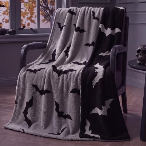 Halloween Bat Blanket Goth Reversible Knit Throw Blanket - color: Black and Gray, style: Halloween Bat