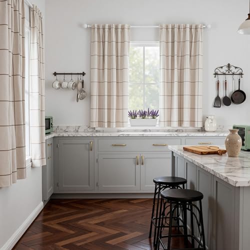 MYSKY HOME 100% Blackout Plaid Farmhouse Linen Curtains 54 Inch Long 2 Panels Set for Small Window Double Layer Windowpane Drapes Thermal Insulated Privacy Protection Rod Pocket Back Tab, 52"W, Brown - color: Brown, size: 52"W x 54"L (Pack of 2)