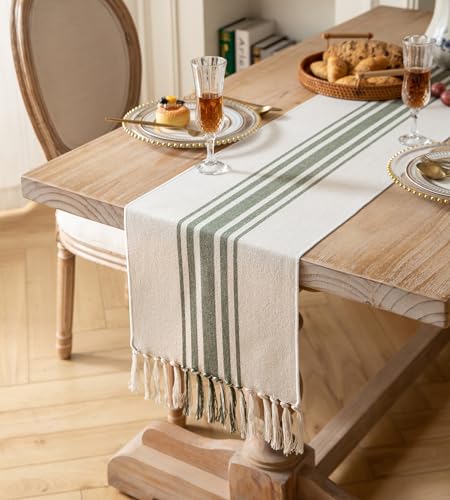Boho Table Runner for Modern Farmhouse Decor, Dining Table décor 13 x 108 Inch Long, Coffee Table Runner with Handcrafted Tassels, Green and Beige Stripe Table Runner for Home Boho décor - color: Green Beige, size: 13x108Inch