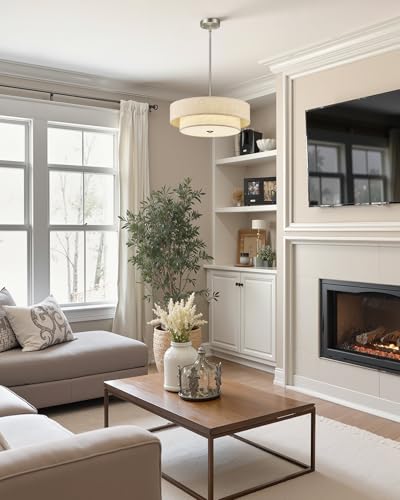 VONLUCE 18" Modern Drum Chandelier, 4-Light 2-Tier Linen Pendant Light - color: Brushed Nickel, size: 18inch