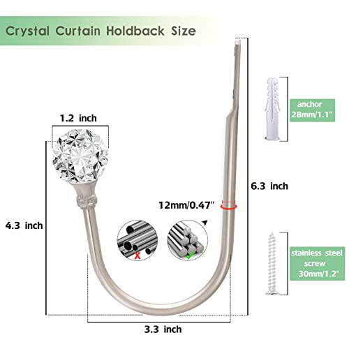 Crystal Curtain Holdbacks 4 Pack - Silver Tieback Hooks Wall Mount Drapery Holders for Drapes - Decorative Metal Window Treatment Holdback - color: Silver, size: 4 Pack
