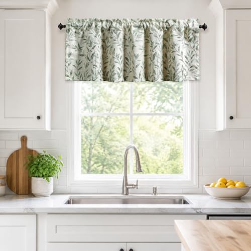 VOGOL Curtain Valances Leaves Meticulous Printed Window Curtains for Kitchen, Top Rod Pocket 52 x 18 Valance for Farmhouse Small Window, Green, One Panel - color: Green, size: 52"W x 18"L (Pack of 1)