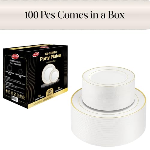 Neatiffy 100 Pcs Gold Rim Plastic Dinnerware Set (50 Guest) | 50 x Dinner Plate, 50 x Dessert Plate | BPA-Free | for Wedding, Luxurious Party, Special Event - color: White Gold Plate