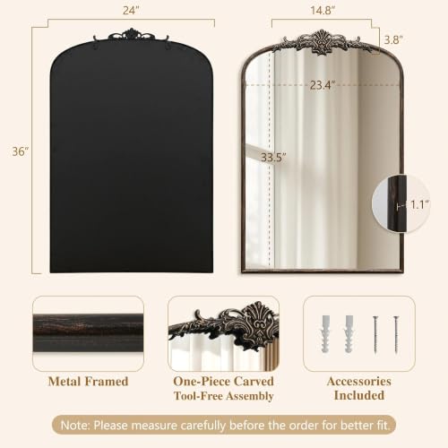 Besdomus Antique Arched Wall Mirror: 24"x36" French Black Decorative Mirror - color: Black Gold, size: 36"L x 24"W