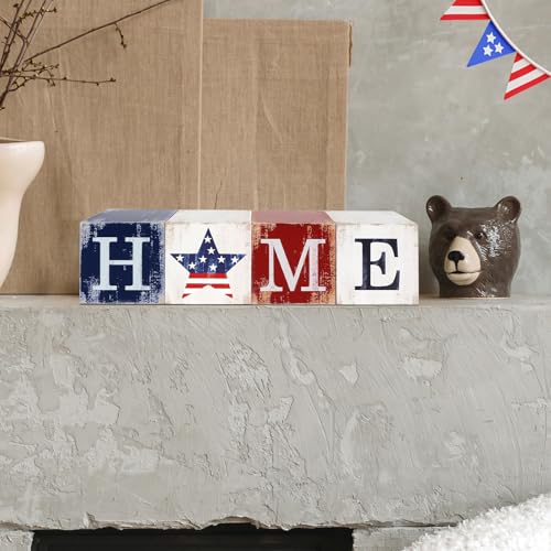 COCHIE 4th of July Decorations Wooden Stars, Patriotic Memorial Day Star Tiered Tray Decor Set of 4, Fourth of July Red White Blue Decoration for Home Office Table Shelf - style: USA HOME Sign