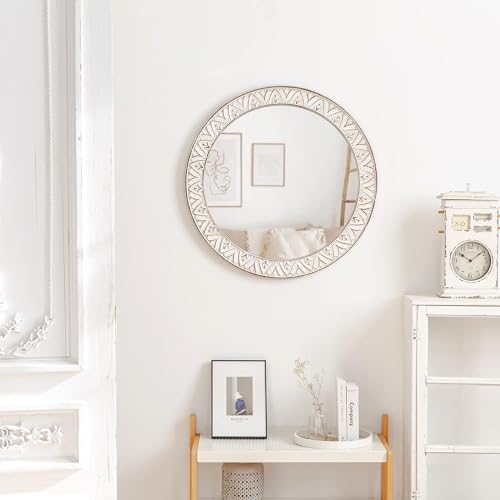 24" Round Mirror Farmhouse Wooden Frame Circle Mirrors, Rustic Decorative Distressed Wall Mounted Mirror for Bathroom, Bedroom, Living Room, Entryway, Fireplace, Hall - color: Flower White, size: 24"L x 24"W