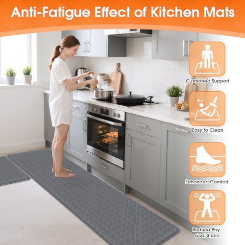 TranquilRelax Kitchen Mats, Cushioned Mats with Extra-Long Runner, Grey - color: Grey, size: 2-Piece | 30"+71" | Standard