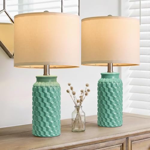 USumkky 20.5" Ceramic Table Lamps Set of 2 - Modern Farmhouse & Boho Style, Bedside Nightstand Lamps for Bedroom, Living Room End Table Lamps, Small Desk Lamp(Tiffany Blue) - color: 20.5" Tiffany Blue