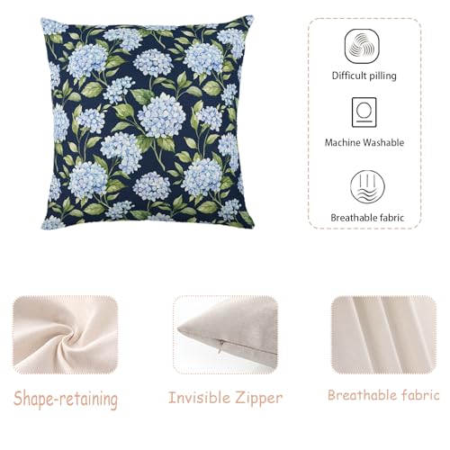 Navy Blue Hydrangea Watercolor Floral Linen Pillow Cover 18x18 Inch Set of 2 for Coastal Home Decor, Insert Not Included - color: Navy-blue-green
