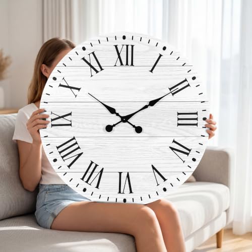 Large Wall Clock with Roman Numeral, 28” Shiplap Farmhouse Clock - color: White, size: 28 Inch