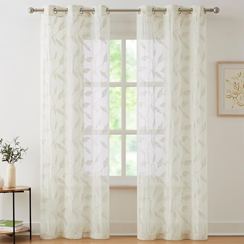 Bujasso Embroidered Leaf Sheer Curtains, Natural 38" Wx90 Lx2 - color: Natural, size: 38"W x 90"L (Pack of 2)