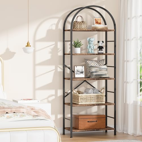 Shintenchi Bookshelf, Arched Bookshelf 5 Tier Bookcase, Tall Shelf for CDs/Books, Home Office Shelf Storage Organizer, Modern Book Shelf for Bedroom/Living Room, Brown - color: Brown, size: 5 Tier