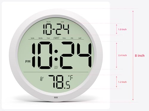 Digital Wall Clock Battery-Operated, 8 Inch Small Decorative Modern Wall Clock with Date, Temperature, Auto-DST, Silent Electric Wall Clock for Bedroom, Living Room, Kitchen, Office, Farmhouse - White - color: White