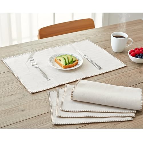 Dining Table Placemats with Decorative Stitched Edge Textured Organic Cotton Cloth Kitchen Table Mats Machine Washable Woven Fabric Dinner Mats Washable Table Plate Mats Cream White 14”x20” Set of 4 - color: Beige, size: 14"x 20"