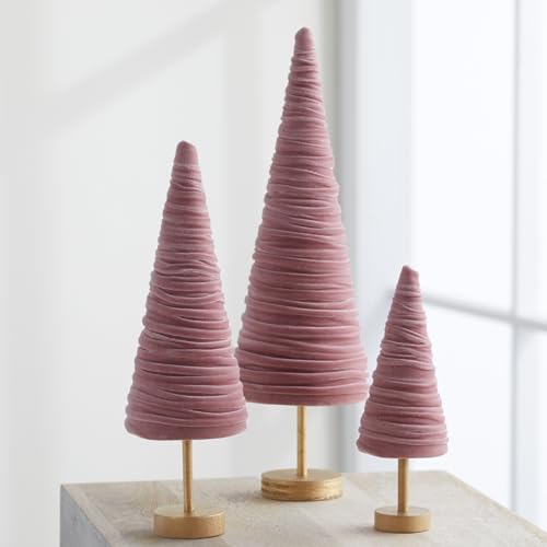 Blush Velvet Trees Set of 3 Pedestal, Valentine Tabletop, Winter Mantel Accent, Coquette Room Decor, Aesthetic, Cozy Gift for, Baby Girl (Blush) - color: Blush