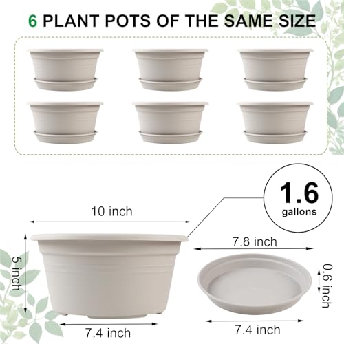 6 Pack 10 inch Plant Pot, Shallow Planters with Drainage Holes, Gray White - color: Gray White, size: 10 Inch - 6Pack
