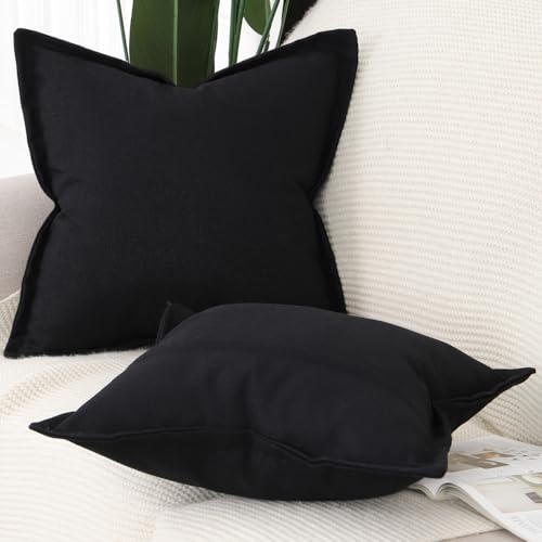 MADIZZ Pack of 2 Faux Rustic Linen Throw Pillow Covers with Flange Edge Soft Boho Natural Decorative Pillowcases for Sofa Living Room Modern Throw Pillows for Bed 16x16 Inch Black - color: Black, size: 16" x 16" (Pack of 2)