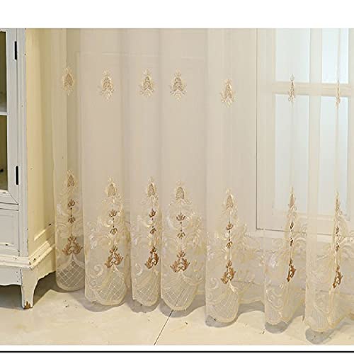 Amidoudou 1 Pair European Jacquard Sheer Curtains Embroidered Tulle Curtains Living Room Bedroom Luxury Translucent Curtains (Beige,51x84 Inch) - color: Beige, size: 51"W x 84"L (Pack of 2)