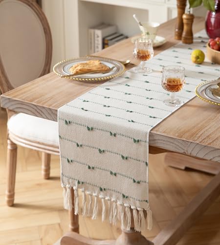 Caflife Boho Table Runner 48 Inchs Long for Modern Farmhouse Room Home Decor, Green and Beige Coffee Table Runner, Natural Cotton Woven with Tassels Neutral, for Kitchen Dining Table Decor - color: Green Beige, size: 13x48Inch