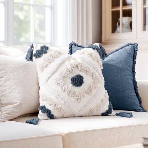 NUYECY Decorative Farmhouse Throw Pillow Covers 16 x 16,Modern Neutral Couch Pillow Cover,Cotton Checked Pattern Boho Square Pillow Case Cover for Couch Bed Sofa Bedroom,Blue&Beige&White - color: Blue, size: 16" x 16" (Pack of 1)