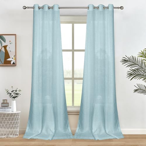 Melodieux Blue Semi Sheer Curtains 84 Inches Long for Small Windows Living Room Bedroom Linen Look Rustic Grommet Voile Drapes, 42 x 84 Inch (2 Panels) - color: Blue, size: 42"W x 84"L (Pack of 2)