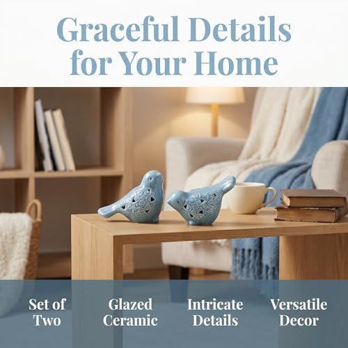 2 Pcs Blue Ceramic Bird Figurines, Glazed Bird Statues for Shelf Decor